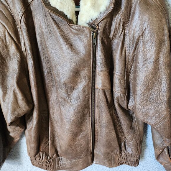 Vtg 100% Leather Aviator Bomber Jacket Faux Fur Double Collar Made in Korea PM - Picture 7 of 16